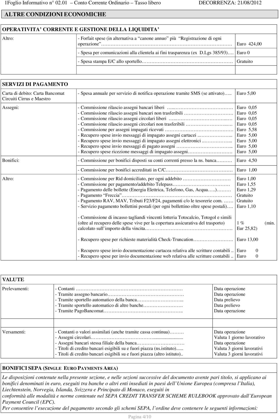 Euro 0 - Spesa stampa E/C allo sportello Gratuito SERVIZI DI PAGAMENTO Carta di debito: Carta Bancomat Circuiti Cirrus e Maestro Assegni: Bonifici: Altro: - Spesa annuale per servizio di notifica