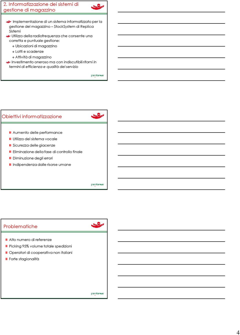 di efficienza e qualità del servizio Obiettivi informatizzazione Aumento delle performance Utilizzo del sistema vocale Sicurezza delle giacenze Eliminazione della fase di controllo