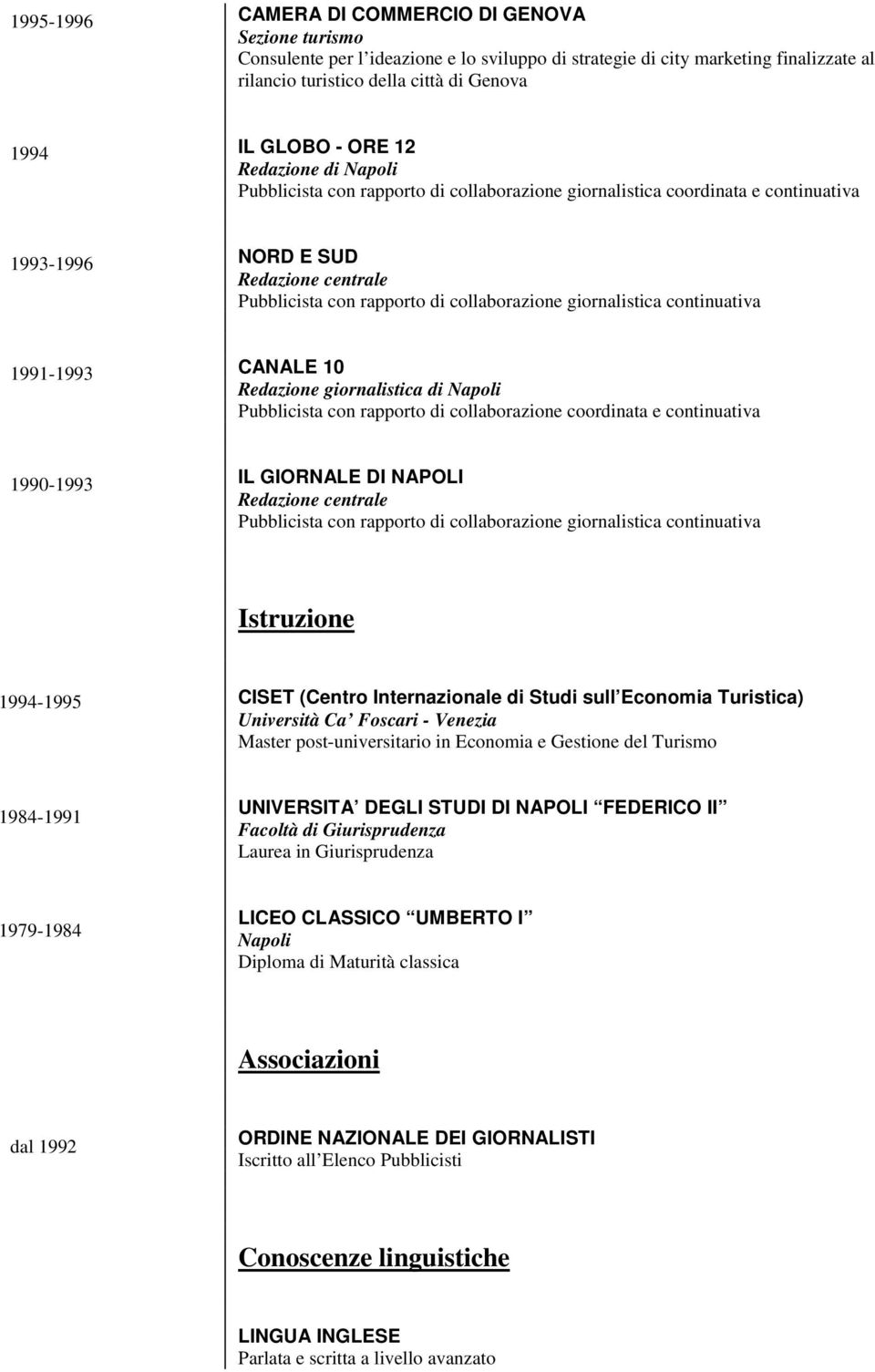 giornalistica continuativa 1991-1993 CANALE 10 Redazione giornalistica di Napoli Pubblicista con rapporto di collaborazione coordinata e continuativa 1990-1993 IL GIORNALE DI NAPOLI Redazione