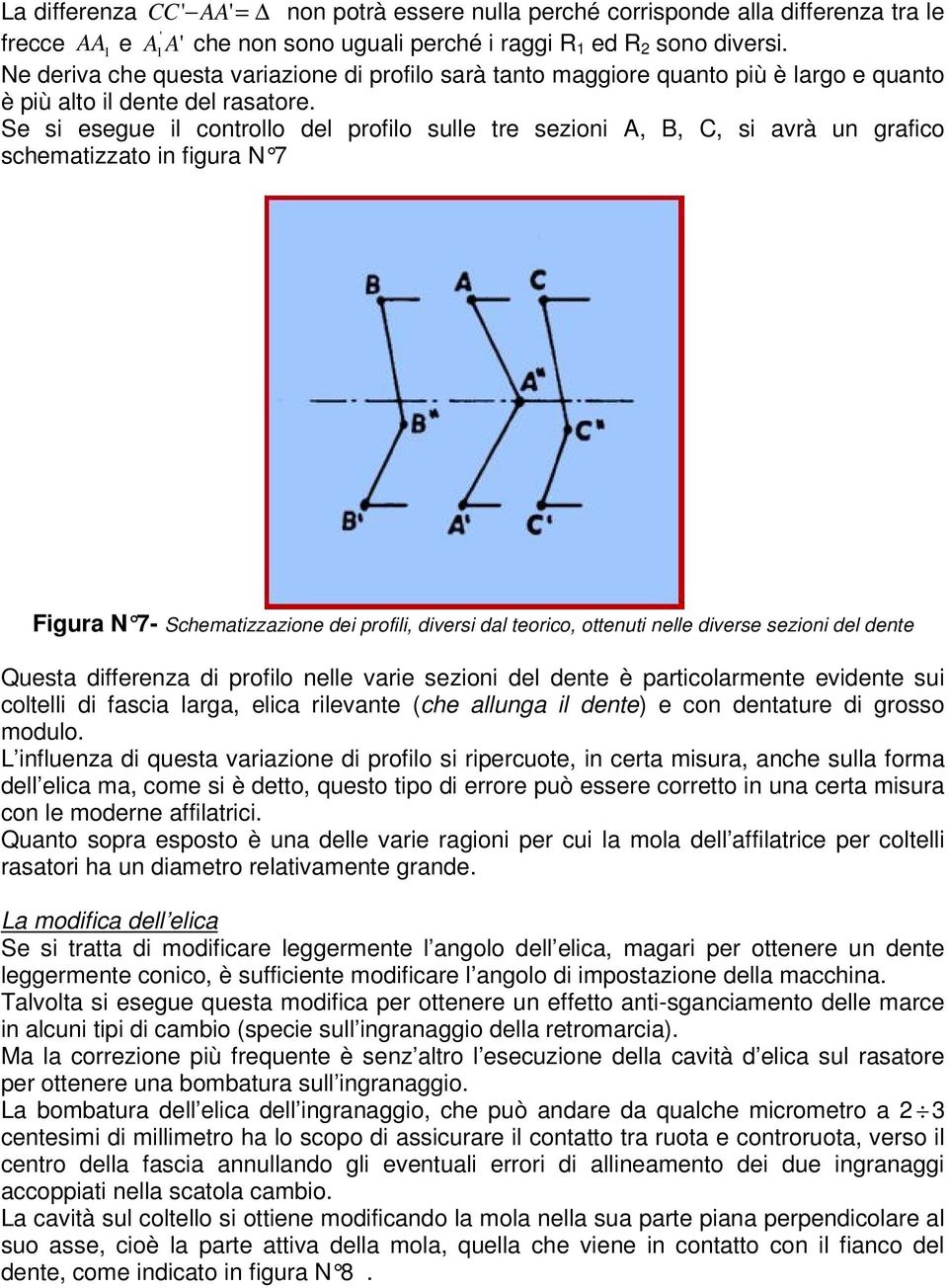 Se si esegue il controllo del profilo sulle tre sezioni A, B, C, si avrà un grafico schematizzato in figura N 7 Figura N 7- Schematizzazione dei profili, diversi dal teorico, ottenuti nelle diverse