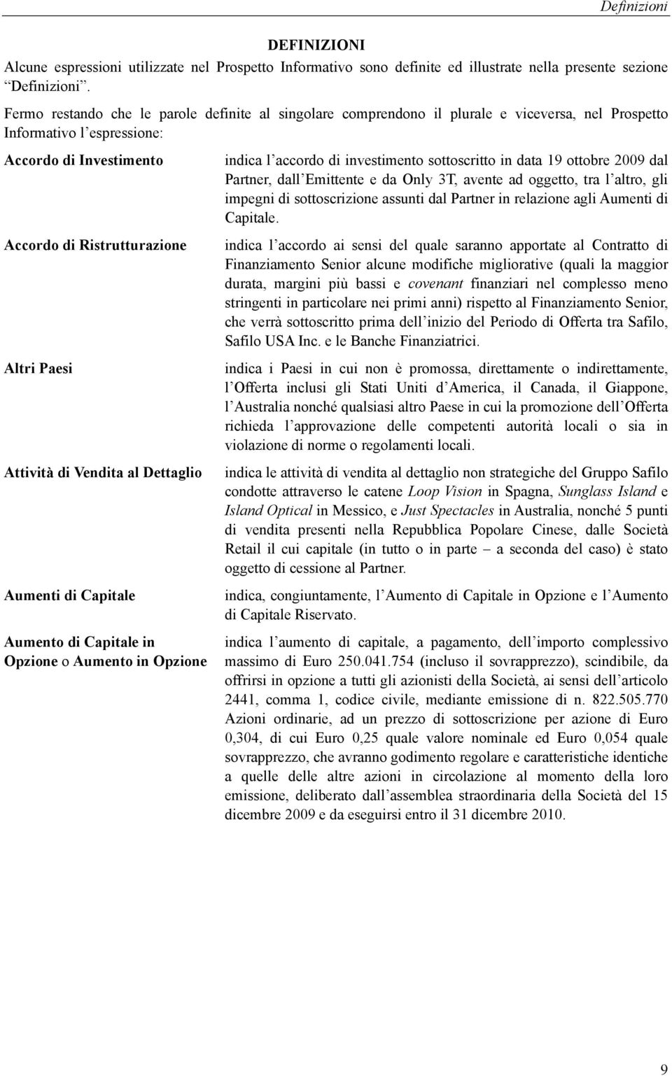 Attività di Vendita al Dettaglio Aumenti di Capitale Aumento di Capitale in Opzione o Aumento in Opzione indica l accordo di investimento sottoscritto in data 19 ottobre 2009 dal Partner, dall