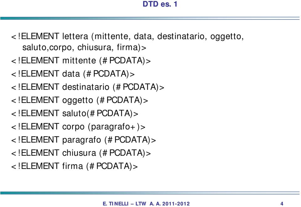 ELEMENT mittente (#PCDATA)> <!ELEMENT data (#PCDATA)> <!ELEMENT destinatario (#PCDATA)> <!
