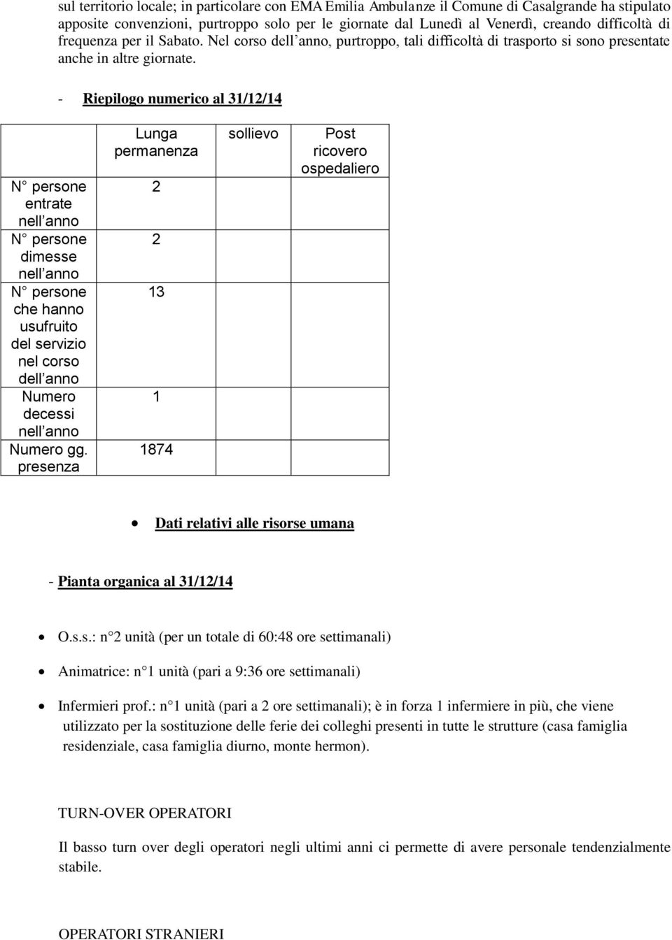 - Riepilogo numerico al 31/12/14 entrate dimesse che hanno usufruito del servizio nel corso dell anno Numero decessi Numero gg.