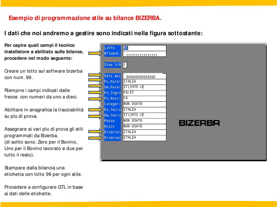 Creare un lotto sul software bizerba con num. 99. 1111111111111111 222222222222222 Riempire i campi indicati dalle frecce con numeri da uno a dieci.