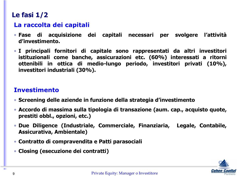 (60%) interessati a ritorni ottenibili in ottica di medio-lungo periodo, investitori privati (10%), investitori industriali (30%).