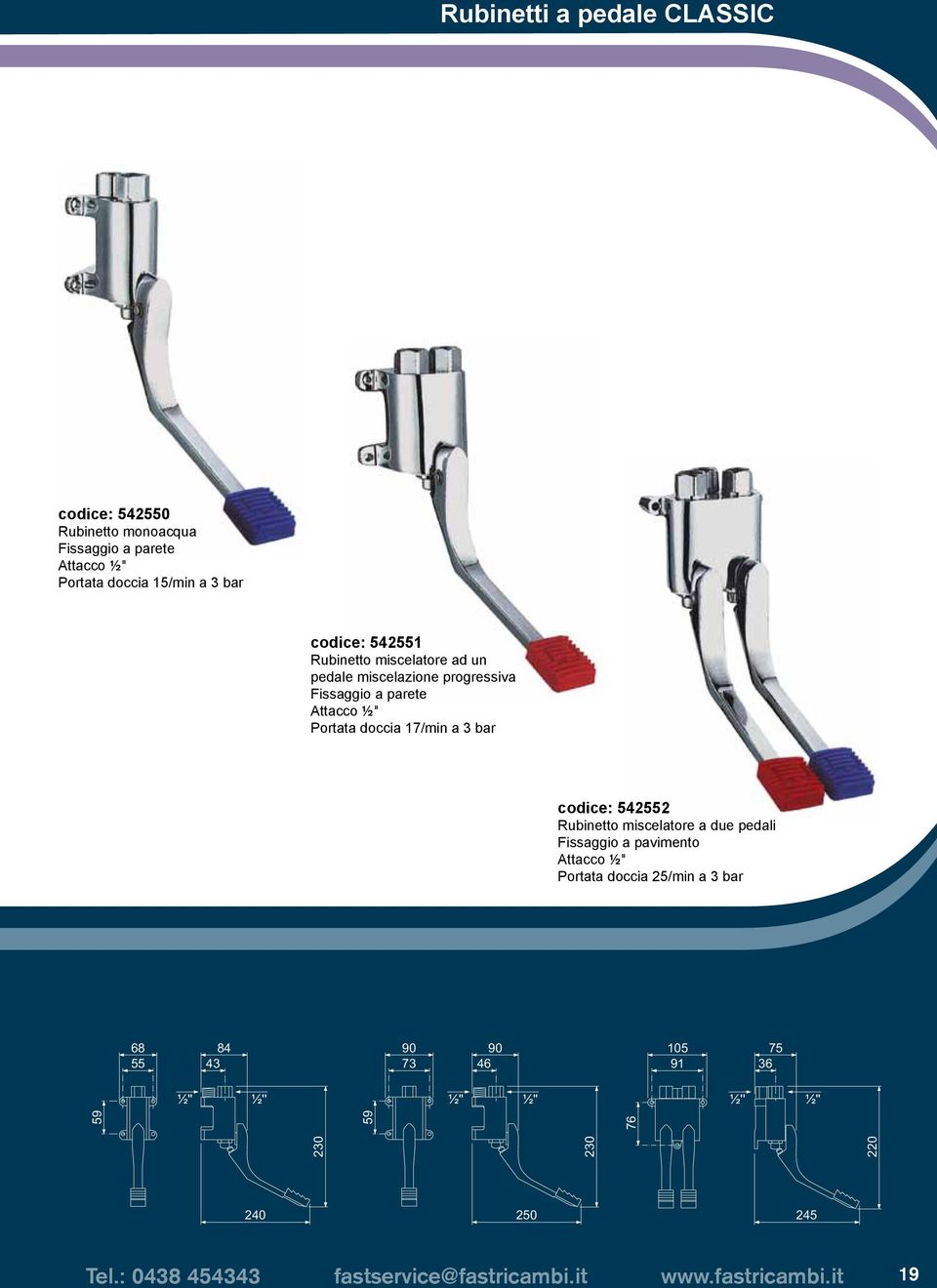 a 3 bar codice: 542552 Rubinetto miscelatore a due pedali Fissaggio a pavimento Attacco ½" Portata doccia 25/min a 3 bar 68 84