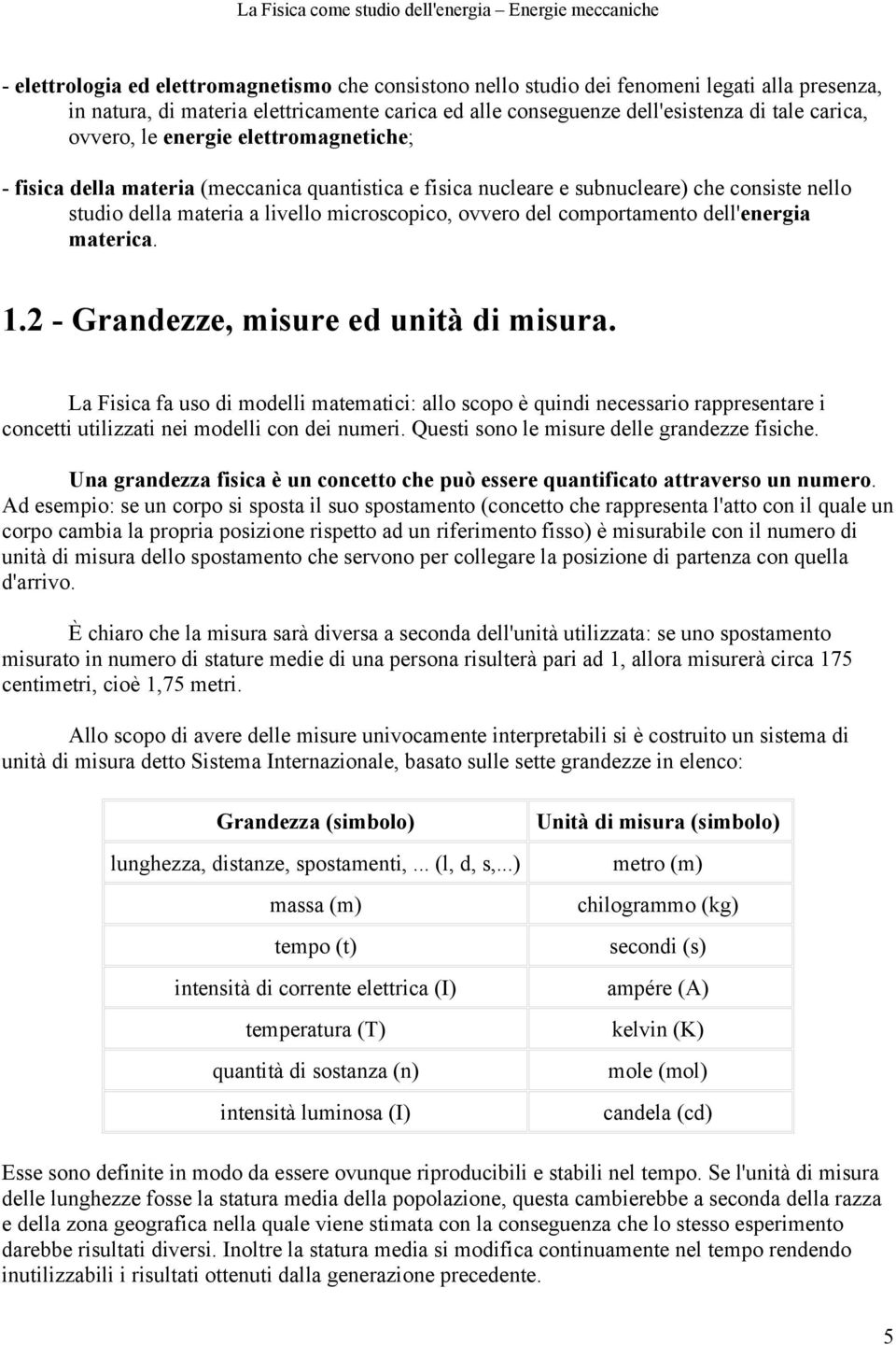 materia a livello microscopico, ovvero del comportamento dell'energia materica. 1.2 - Grandezze, misure ed unità di misura.