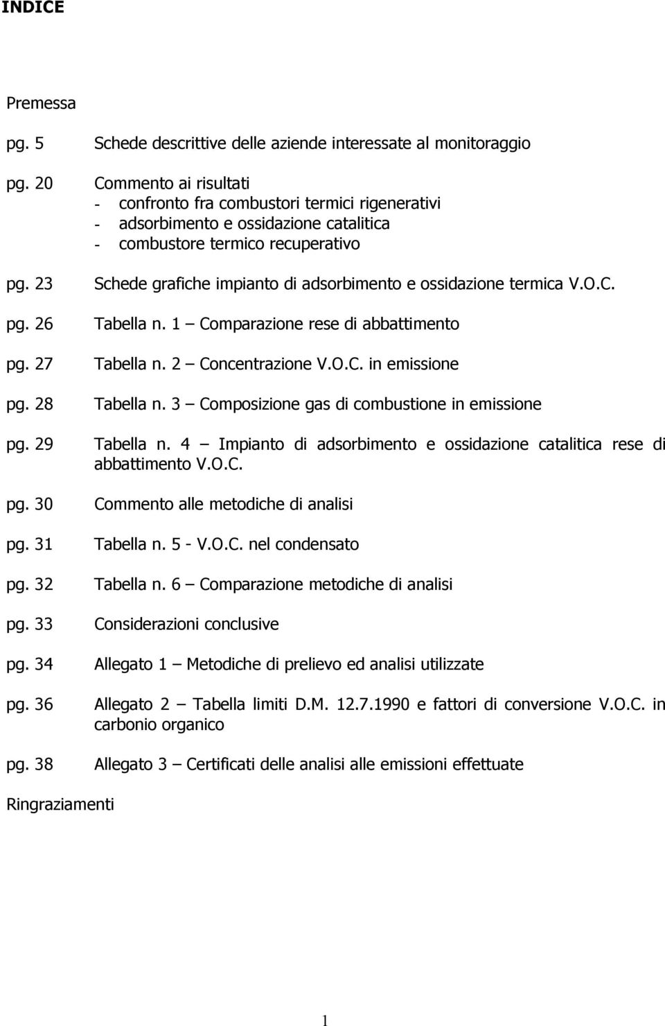 recuperativo Schede grafiche impianto di adsorbimento e ossidazione termica V.O.C. Tabella n. 1 Comparazione rese di abbattimento Tabella n. 2 Concentrazione V.O.C. in emissione Tabella n.