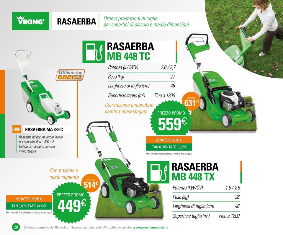 e medie dimensioni RASAERBA MB 448 TC Potenza (kw/cv) 2,0 / 2,7 Peso (kg) Larghezza di taglio (cm) Superficie taglio (m 2 ) Con trazione e manubrio comfort monostegola 27 46 Fino