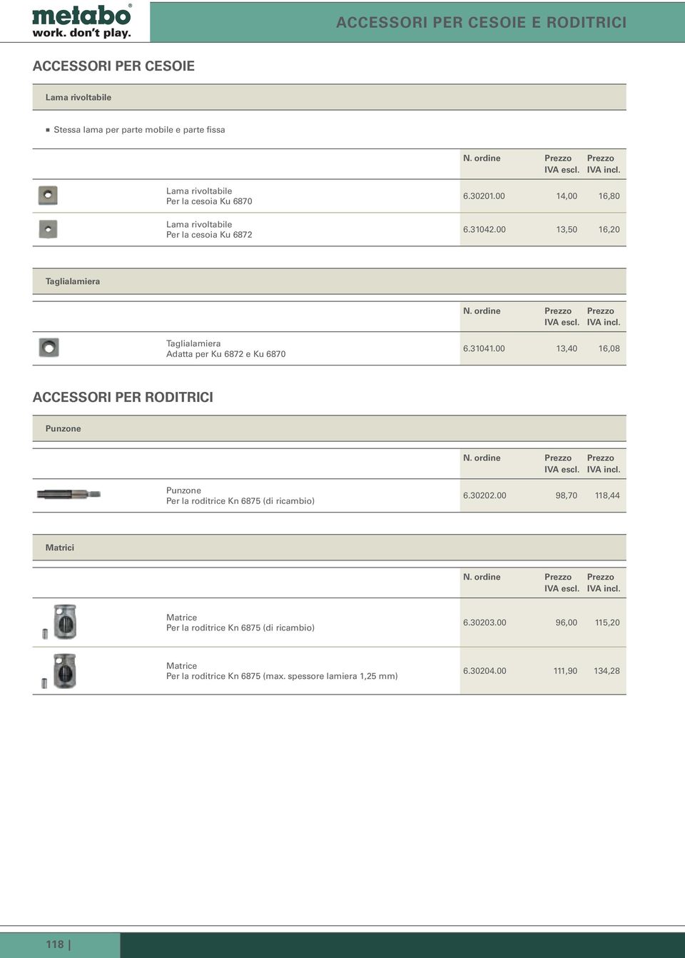 ordine Taglialamiera Adatta per Ku 6872 e Ku 6870 6.31041.00 13,40 16,08 ACCESSORI PER RODITRICI Punzone N.