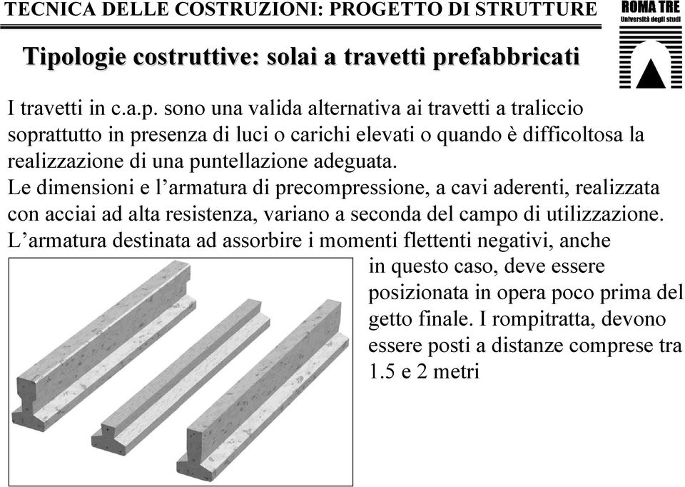 Le dimensioni e l armatura di precompressione, a cavi aderenti, realizzata con acciai ad alta resistenza, variano a seconda del campo di utilizzazione.