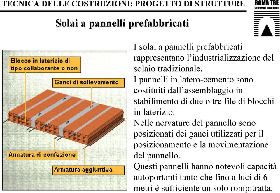 I pannelli in latero-cemento sono costituiti dall assemblaggio in stabilimento di due o tre file di blocchi in laterizio.