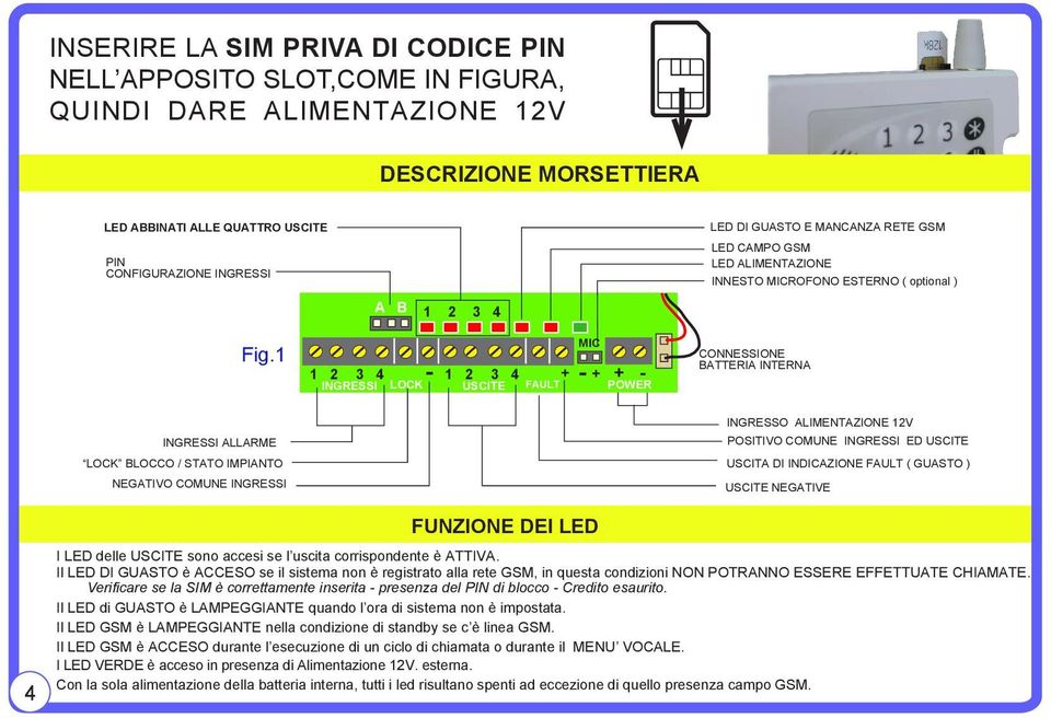 1 1 2 3 4 INGRESSI MIC - 1 2 3 4 + - + LOCK USCITE FAULT + - POWER CONNESSIONE BATTERIA INTERNA INGRESSI ALLARME LOCK BLOCCO / STATO IMPIANTO NEGATIVO COMUNE INGRESSI INGRESSO ALIMENTAZIONE 12V