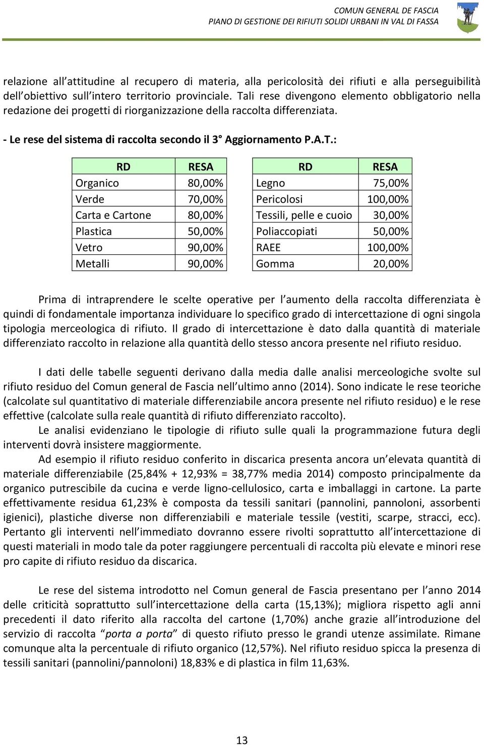 RD RESA Organico 80,00% Legno 75,00% Verde 70,00% Pericolosi 100,00% Carta e Cartone 80,00% Tessili, pelle e cuoio 30,00% Plastica 50,00% Poliaccopiati 50,00% Vetro 90,00% RAEE 100,00% Metalli 90,00%