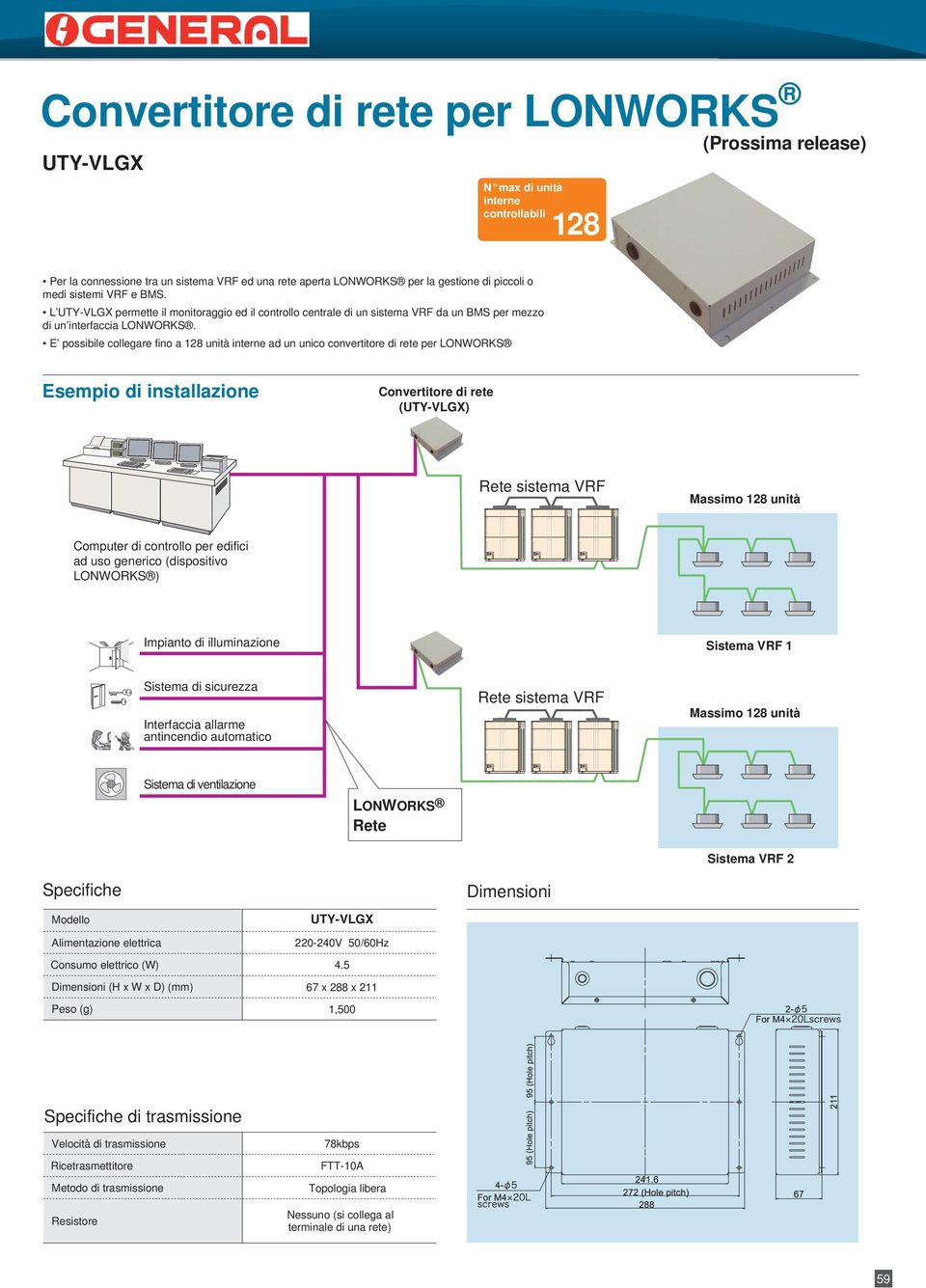 E possibile collegare fino a 128 unità interne ad un unico convertitore di rete per LONWORKS Esempio di installazione Convertitore di rete (UTY-VLGX) Rete sistema VRF Massimo 128 unità Computer di