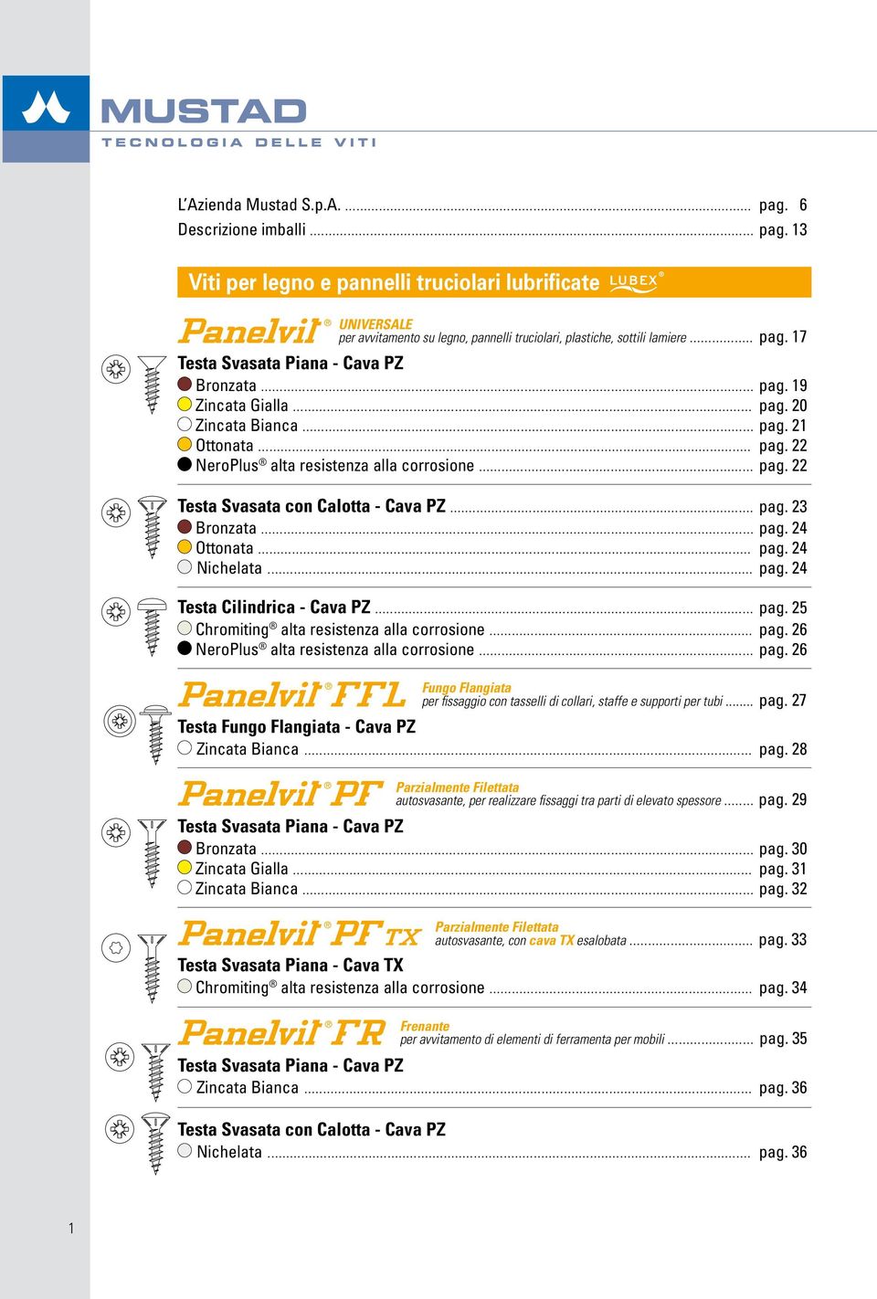 .. pag. 23 Bronzata... pag. 24 Ottonata... pag. 24 Nichelata... pag. 24 Testa Cilindrica - Cava PZ... pag. 25 Chromiting alta resistenza alla corrosione... pag. 26 NeroPlus alta resistenza alla corrosione.