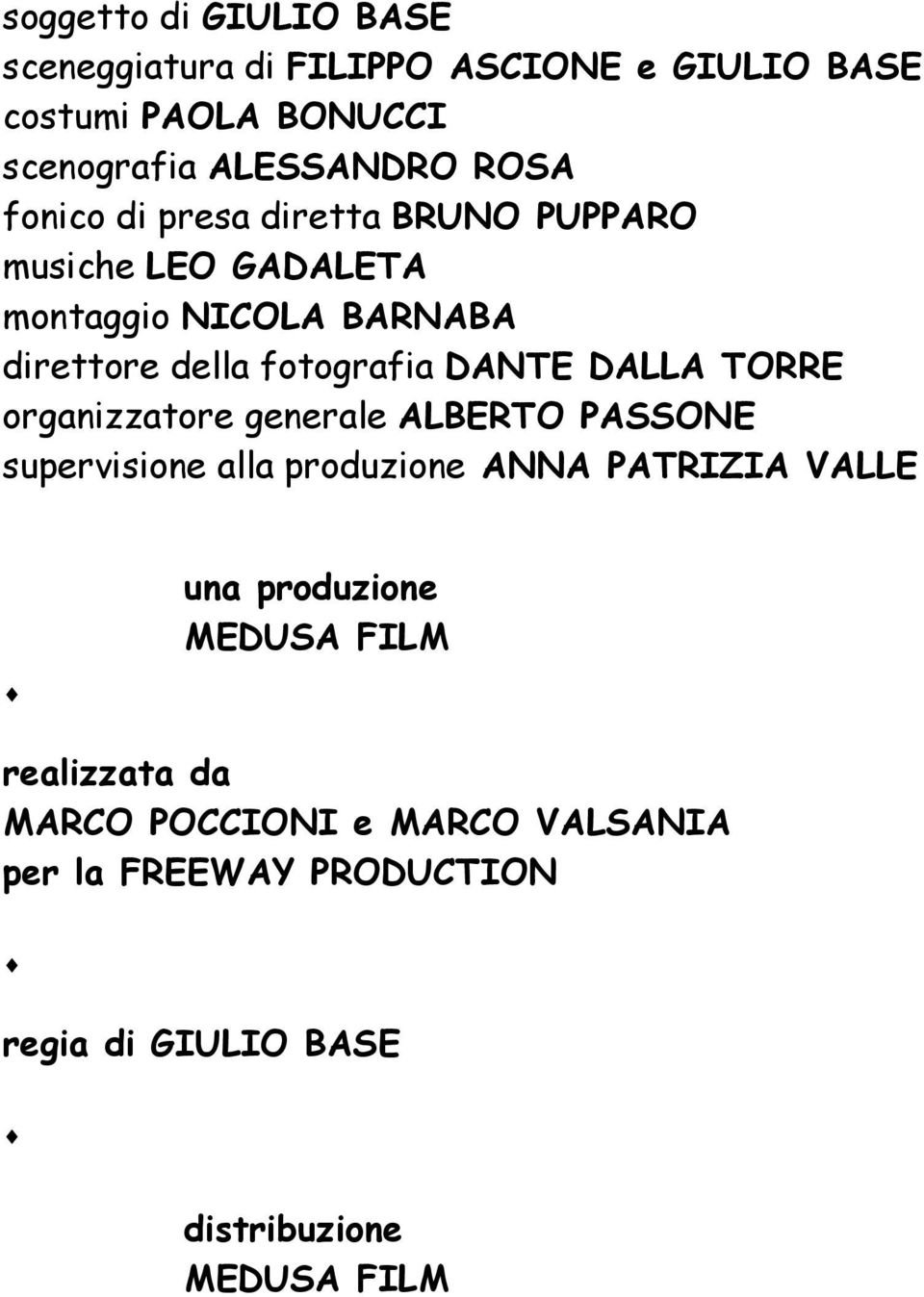 DALLA TORRE organizzatore generale ALBERTO PASSONE supervisione alla produzione ANNA PATRIZIA VALLE una produzione