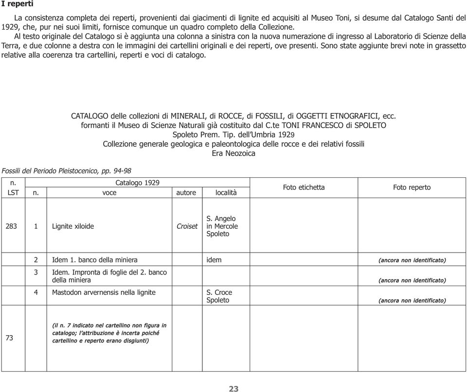 Al testo originale del Catalogo si è aggiunta una colonna a sinistra con la nuova numerazione di ingresso al Laboratorio di Scienze della Terra, e due colonne a destra con le immagini dei cartellini