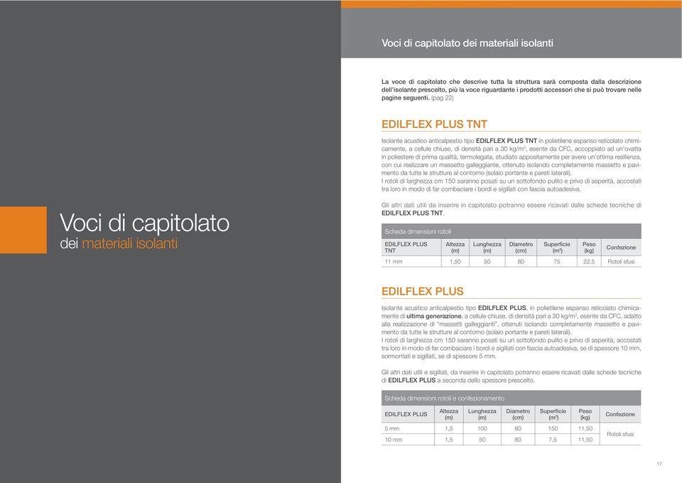 (pag 22) EDILFLEX PLUS TNT Isolante acustico anticalpestio tipo EDILFLEX PLUS TNT in polietilene espanso reticolato chimicamente, a cellule chiuse, di densità pari a 30 kg/m 3, esente da CFC,