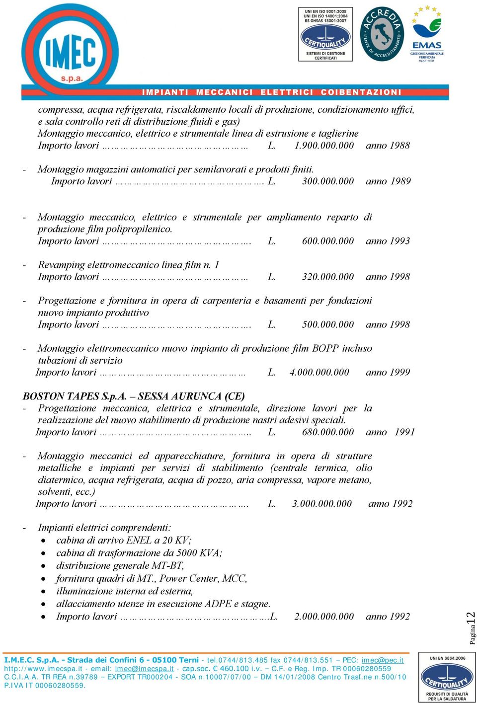 Importo lavori. L. 600.000.000 anno 1993 - Revamping elettromeccanico linea film n. 1 Importo lavori L. 320.000.000 anno 1998 - Progettazione e fornitura in opera di carpenteria e basamenti per fondazioni nuovo impianto produttivo Importo lavori.