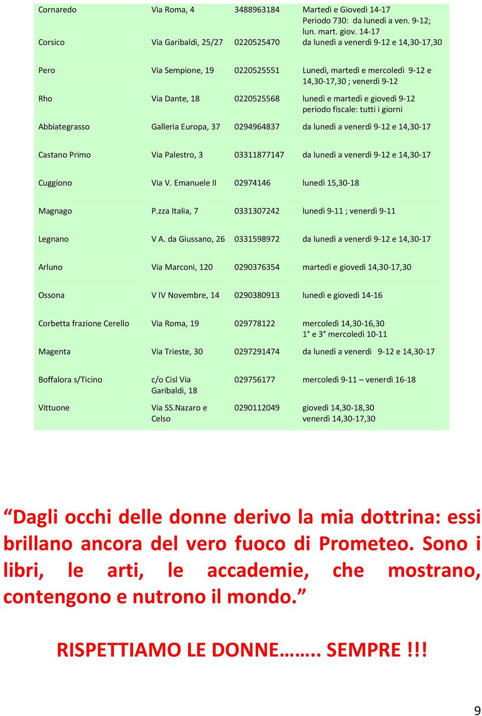 0220525568 lunedì e martedì e giovedì 9-12 periodo fiscale: tutti i giorni Abbiategrasso Galleria Europa, 37 0294964837 da lunedì a venerdì 9-12 e 14,30-17 Castano Primo Via Palestro, 3 03311877147