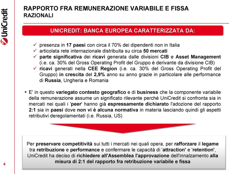 30% del Gross Operating Profit del Gruppo è derivante da divisione CIB) ricavi generati nella CEE Region (i.e. ca.