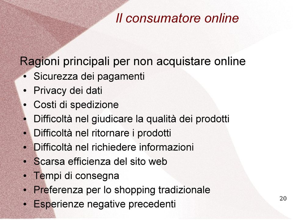 Difficoltà nel ritornare i prodotti Difficoltà nel richiedere informazioni Scarsa efficienza