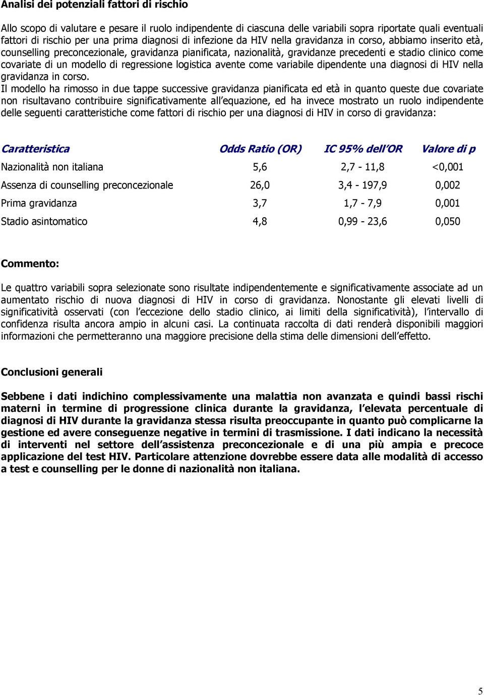 modello di regressione logistica avente come variabile dipendente una diagnosi di HIV nella gravidanza in corso.