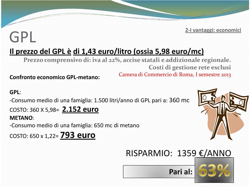 Costi di gestione rete esclusi Camera di Commercio di Roma, I semestre 2013 Confronto economico GPL-metano: GPL: -Consumo