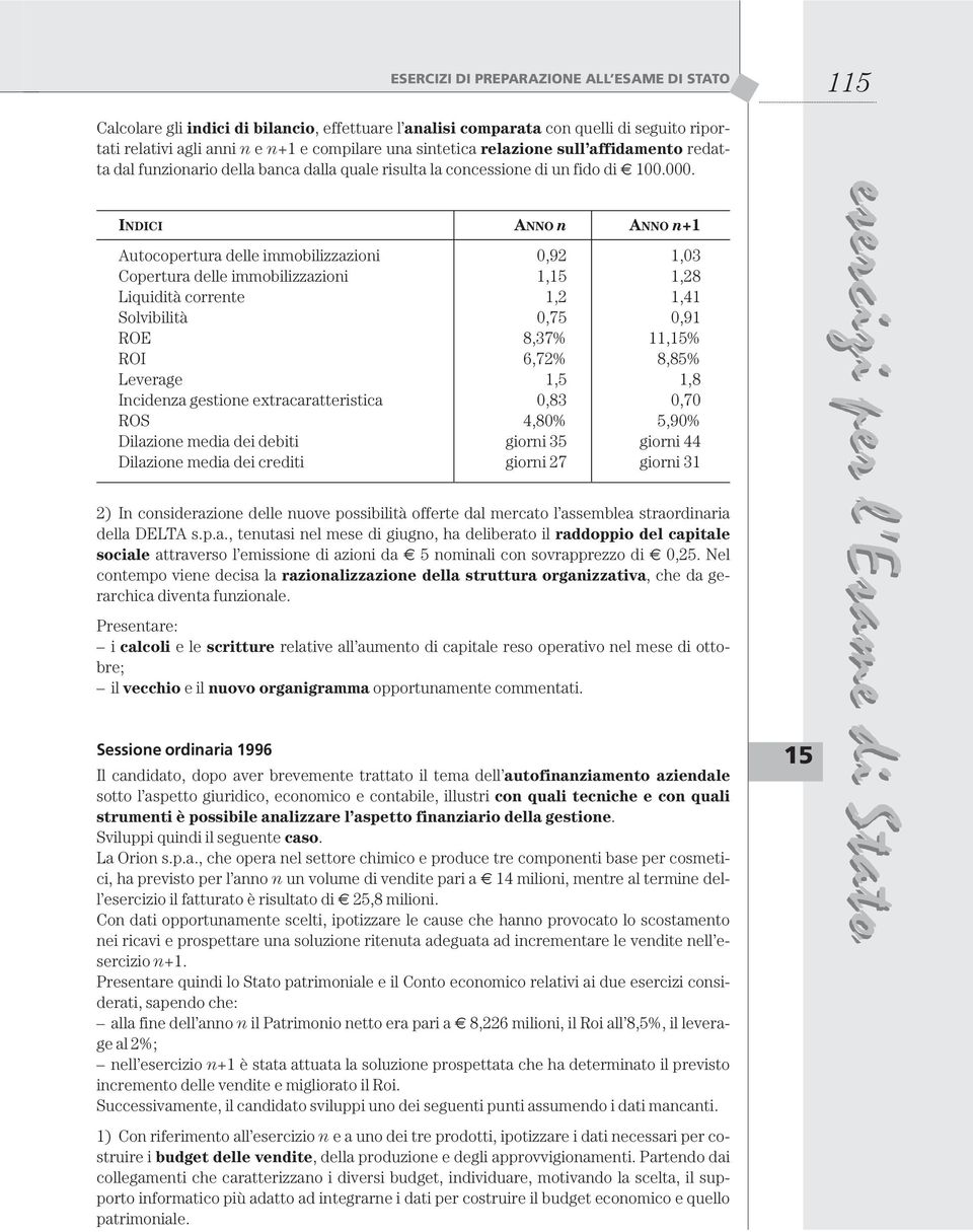 INDICI ANNO n ANNO n+1 Autocopertura delle immobilizzazioni 0,92 1,03 Copertura delle immobilizzazioni 1,15 1,28 Liquidità corrente 1,2 1,41 Solvibilità 0,75 0,91 ROE 8,37% 11,15% ROI 6,72% 8,85%