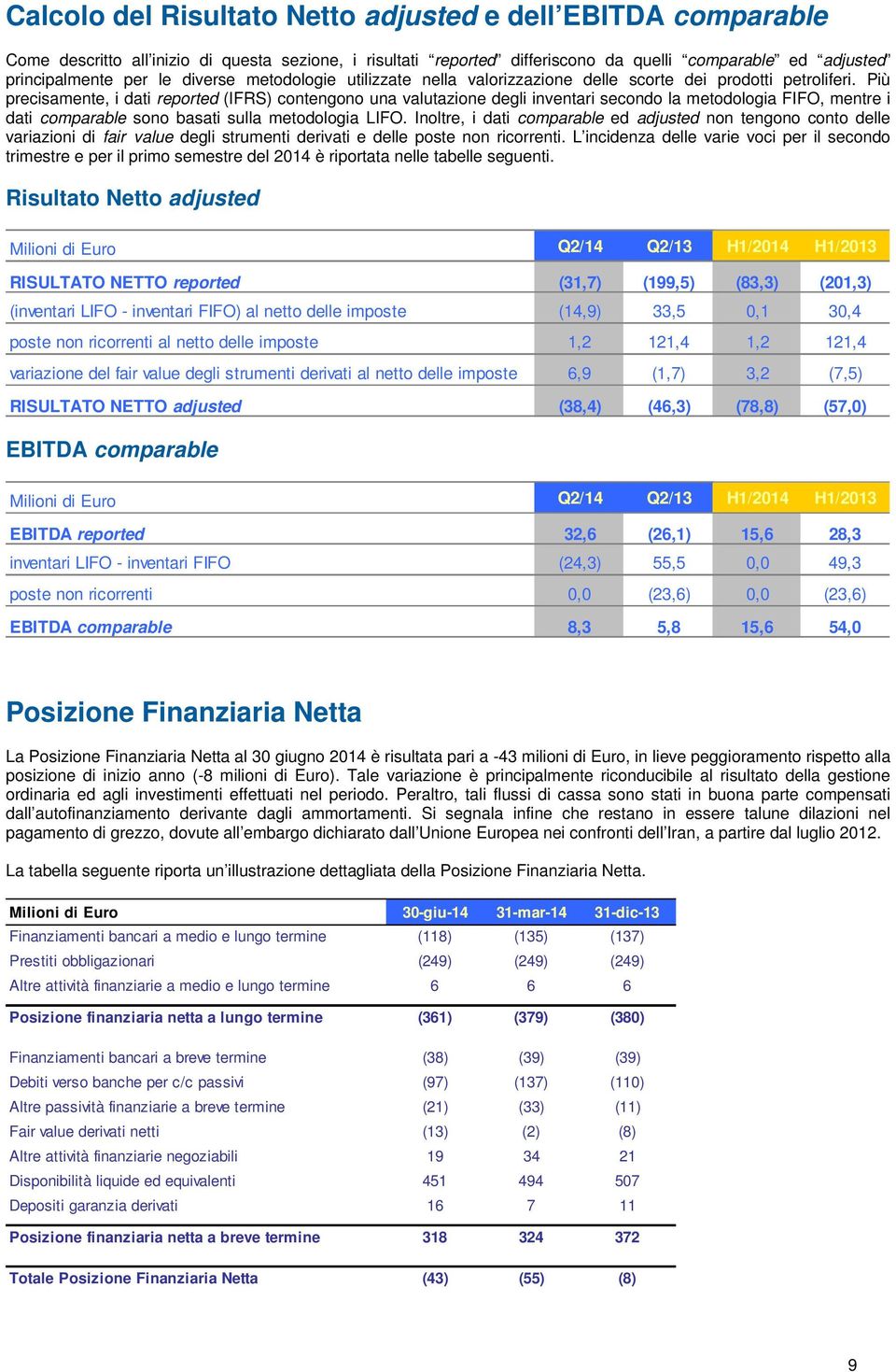 Più precisamente, i dati reported (IFRS) contengono una valutazione degli inventari secondo la metodologia FIFO, mentre i dati comparable sono basati sulla metodologia LIFO.