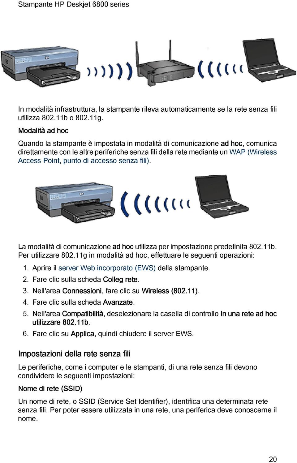 di accesso senza fili). La modalità di comunicazione ad hoc utilizza per impostazione predefinita 802.11b. Per utilizzare 802.11g in modalità ad hoc, effettuare le seguenti operazioni: 1.