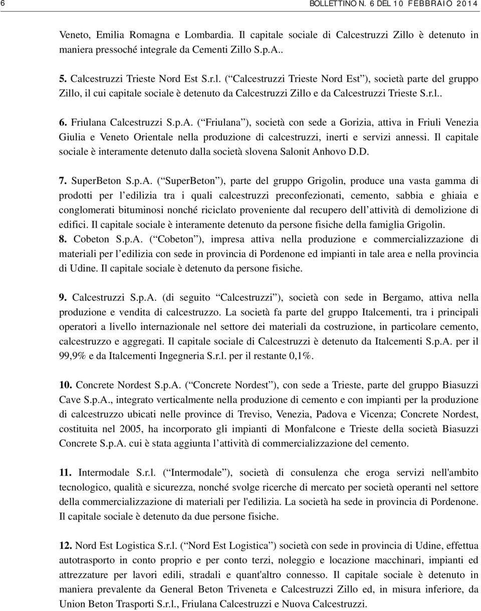 Friulana Calcestruzzi S.p.A. ( Friulana ), società con sede a Gorizia, attiva in Friuli Venezia Giulia e Veneto Orientale nella produzione di calcestruzzi, inerti e servizi annessi.