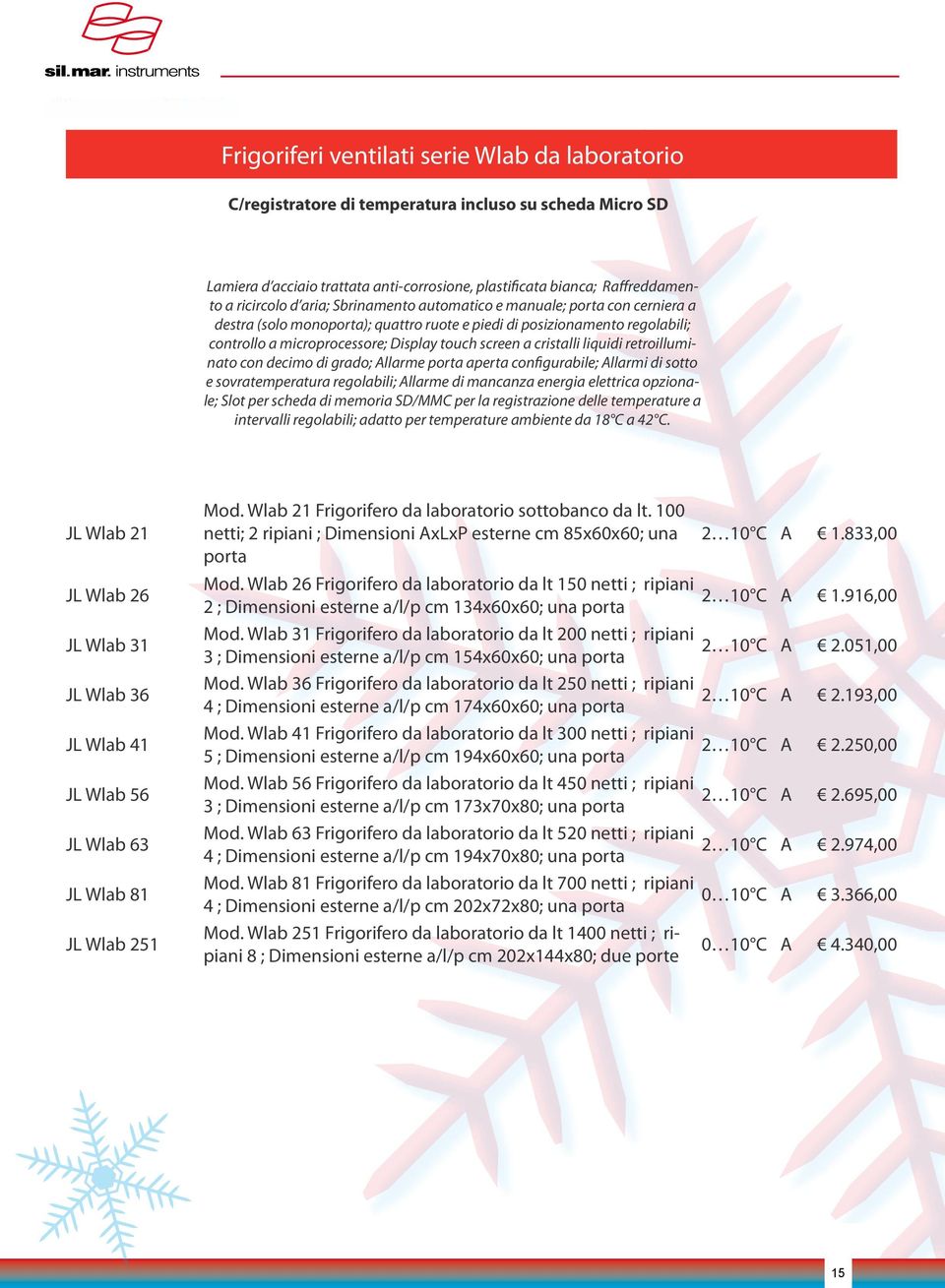 liquidi retroilluminato con decimo di grado; Allarme porta aperta configurabile; Allarmi di sotto e sovratemperatura regolabili; Allarme di mancanza energia elettrica opzionale; Slot per scheda di