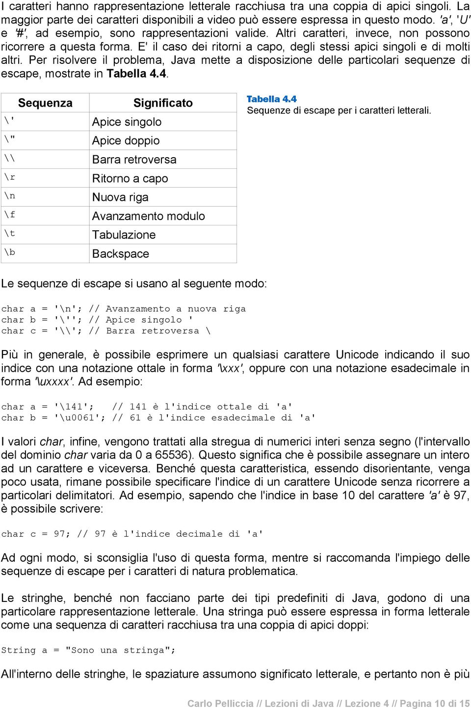 Per risolvere il problema, Java mette a disposizione delle particolari sequenze di escape, mostrate in Tabella 4.