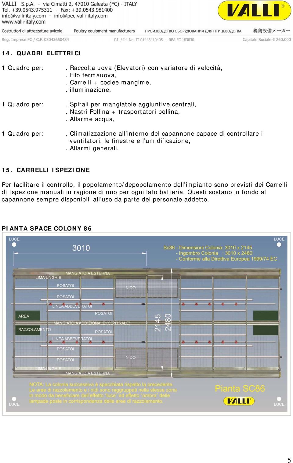 Climatizzazione all interno del capannone capace di controllare i ventilatori, le finestre e l umidificazione,. Allarmi generali. 15.