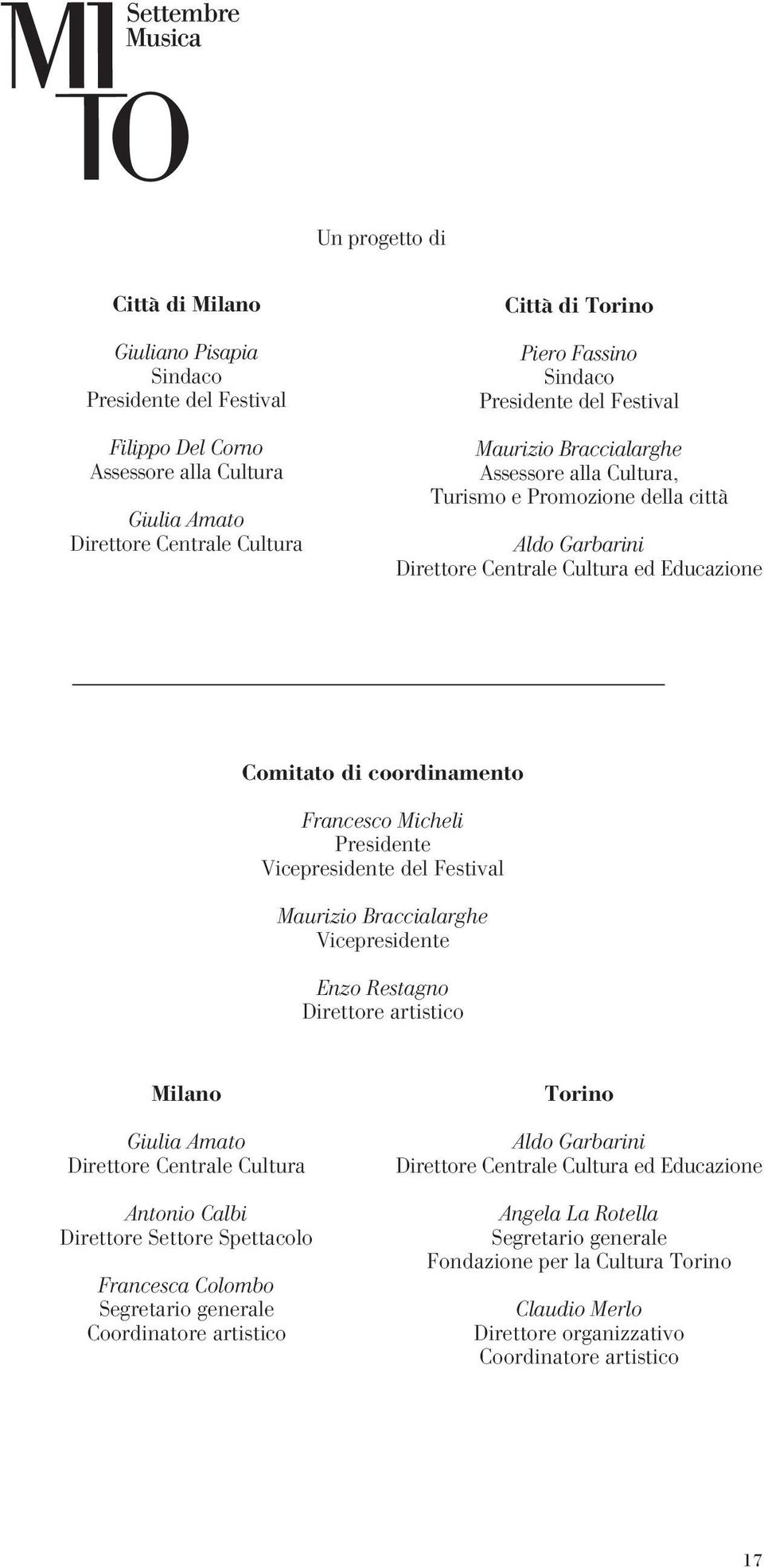 Micheli Presidente Vicepresidente del Festival Maurizio Braccialarghe Vicepresidente Enzo Restagno Direttore artistico Milano Giulia Amato Direttore Centrale Cultura Antonio Calbi Direttore Settore