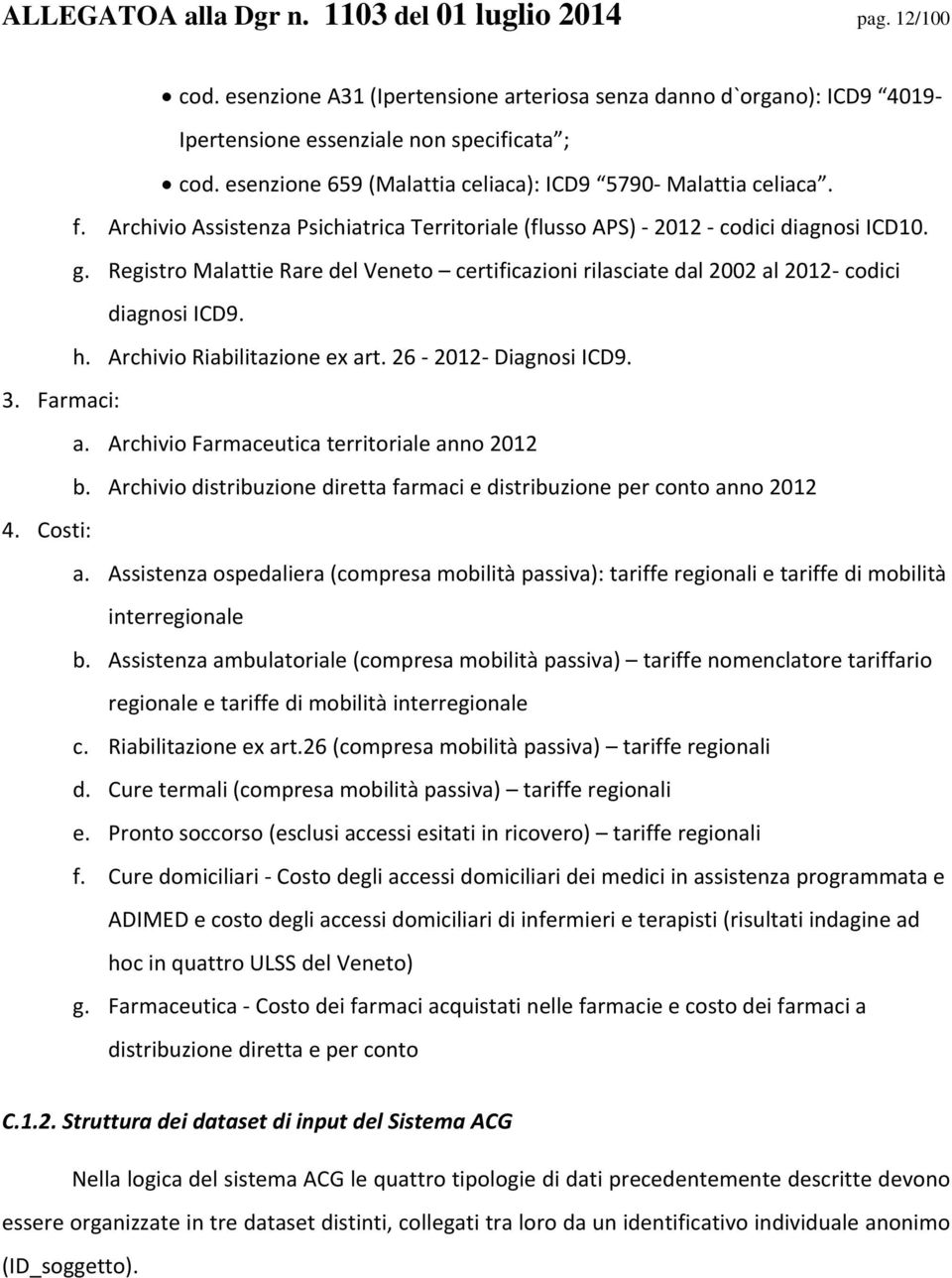 Registro Malattie Rare del Veneto certificazioni rilasciate dal 2002 al 2012 codici diagnosi ICD9. h. Archivio Riabilitazione ex art. 26 2012 Diagnosi ICD9. 3. Farmaci: a.