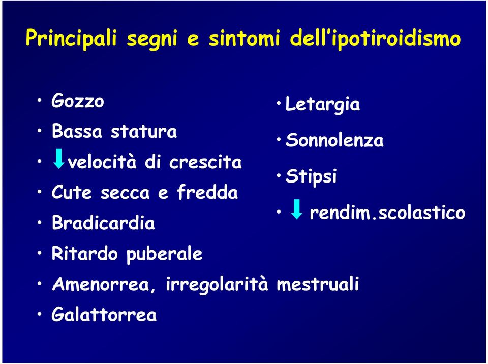 Letargia Sonnolenza Stipsi Bradicardia Ritardo puberale