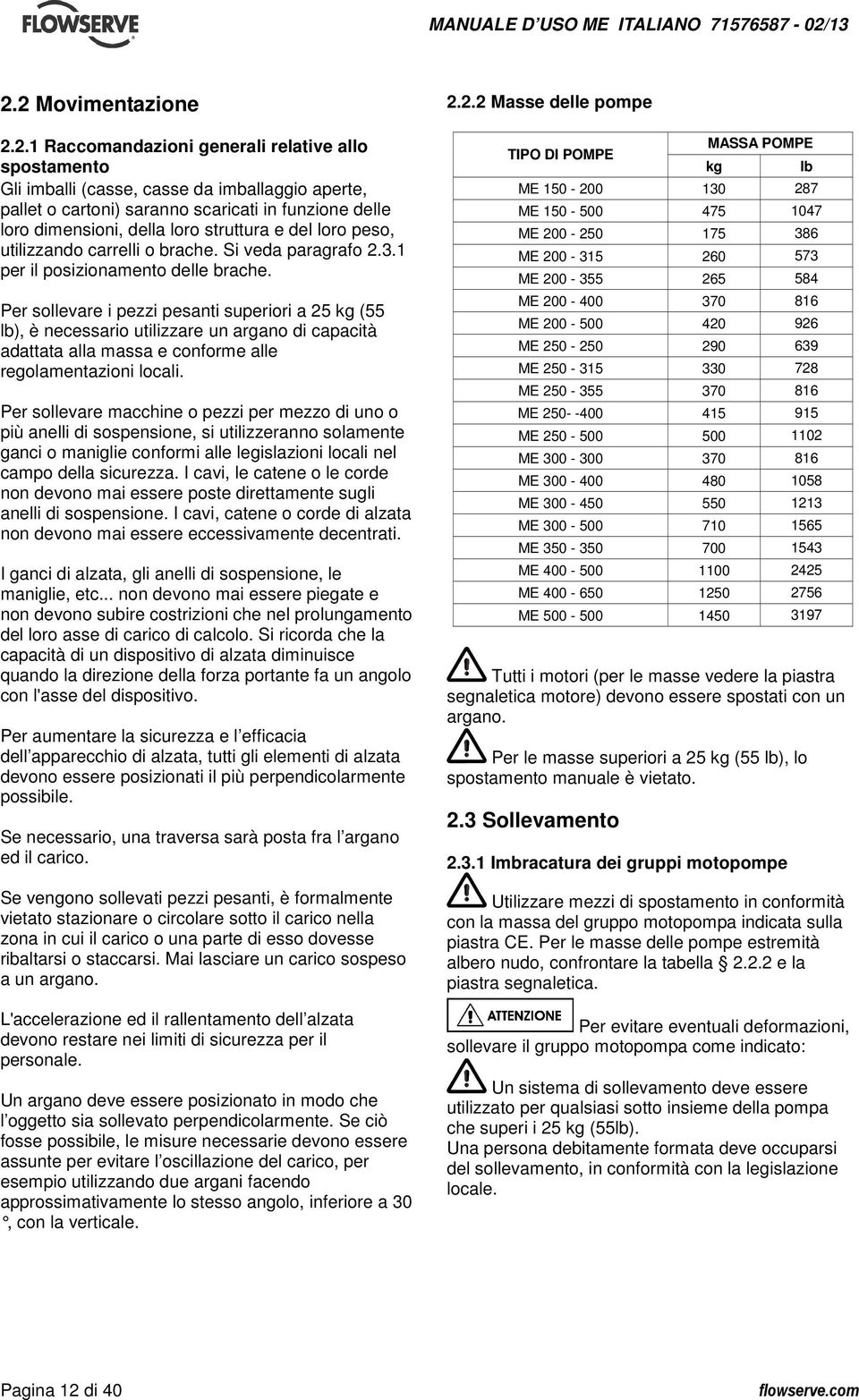 Per sollevare i pezzi pesanti superiori a 25 kg (55 lb), è necessario utilizzare un argano di capacità adattata alla massa e conforme alle regolamentazioni locali.