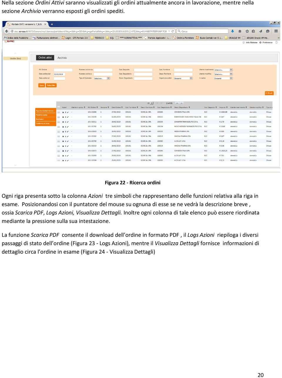 Posizionandosi con il puntatore del mouse su ognuna di esse se ne vedrà la descrizione breve, ossia Scarica PDF, Logs Azioni, Visualizza Dettagli.