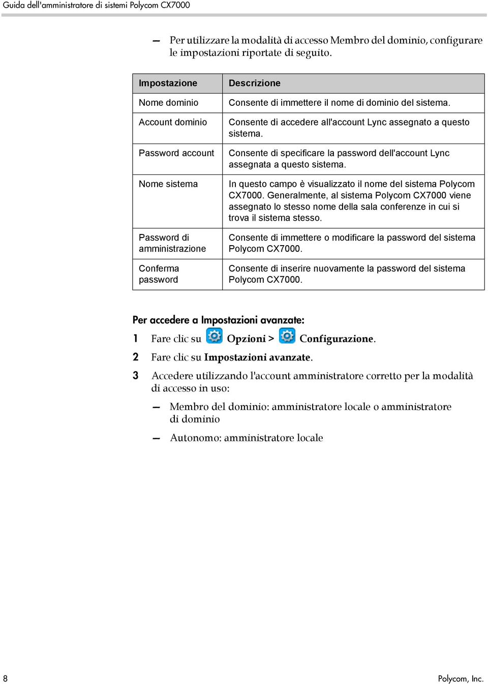 Consente di accedere all'account Lync assegnato a questo sistema. Consente di specificare la password dell'account Lync assegnata a questo sistema.