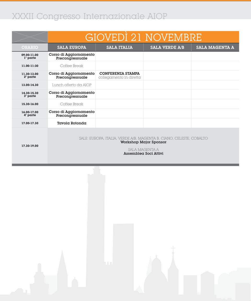 00 2 parte Corso di Aggiornamento Precongressuale CONFERENZA STAMPA collegamento in diretta 13.00-14.30 Lunch offerto da AIOP 14.30-15.