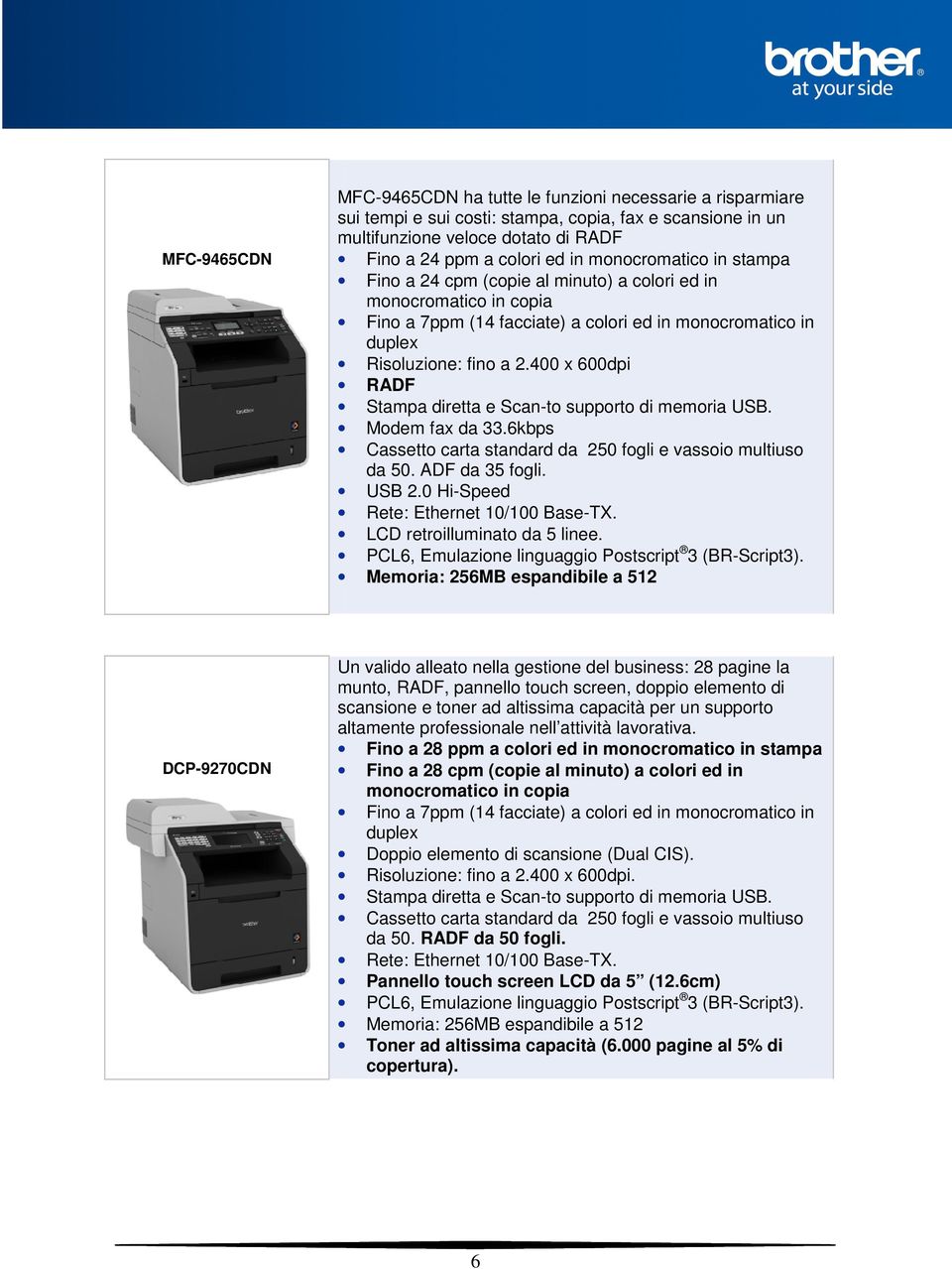 400 x 600dpi RADF Stampa diretta e Scan-to supporto di memoria USB. Modem fax da 33.6kbps Cassetto carta standard da 250 fogli e vassoio multiuso da 50. ADF da 35 fogli. USB 2.