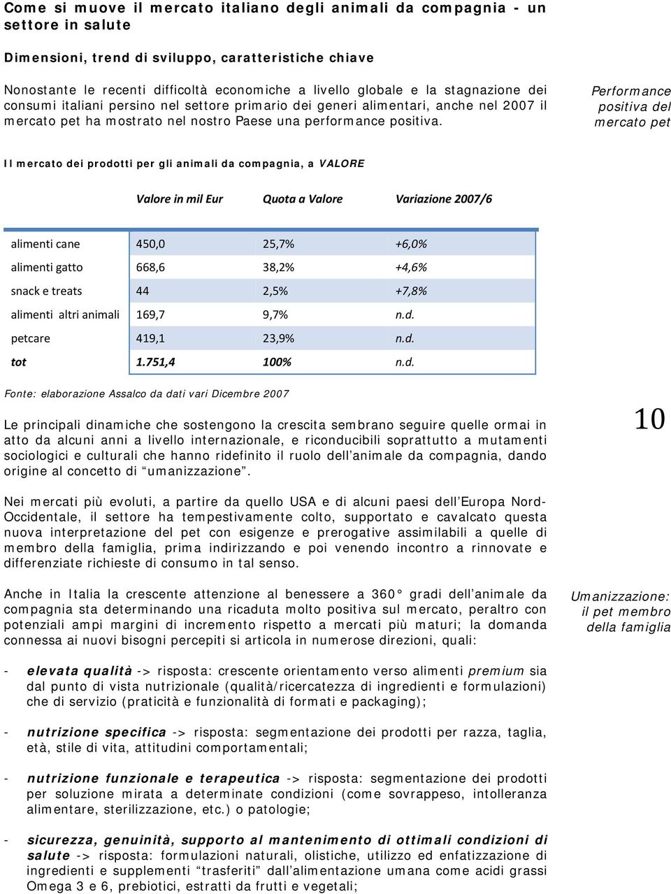 Performance positiva del mercato pet Il mercato dei prodotti per gli animali da compagnia, a VALORE Valore in mil Eur Quota a Valore Variazione 2007/6 alimenti cane 450,0 25,7% +6,0% alimenti gatto