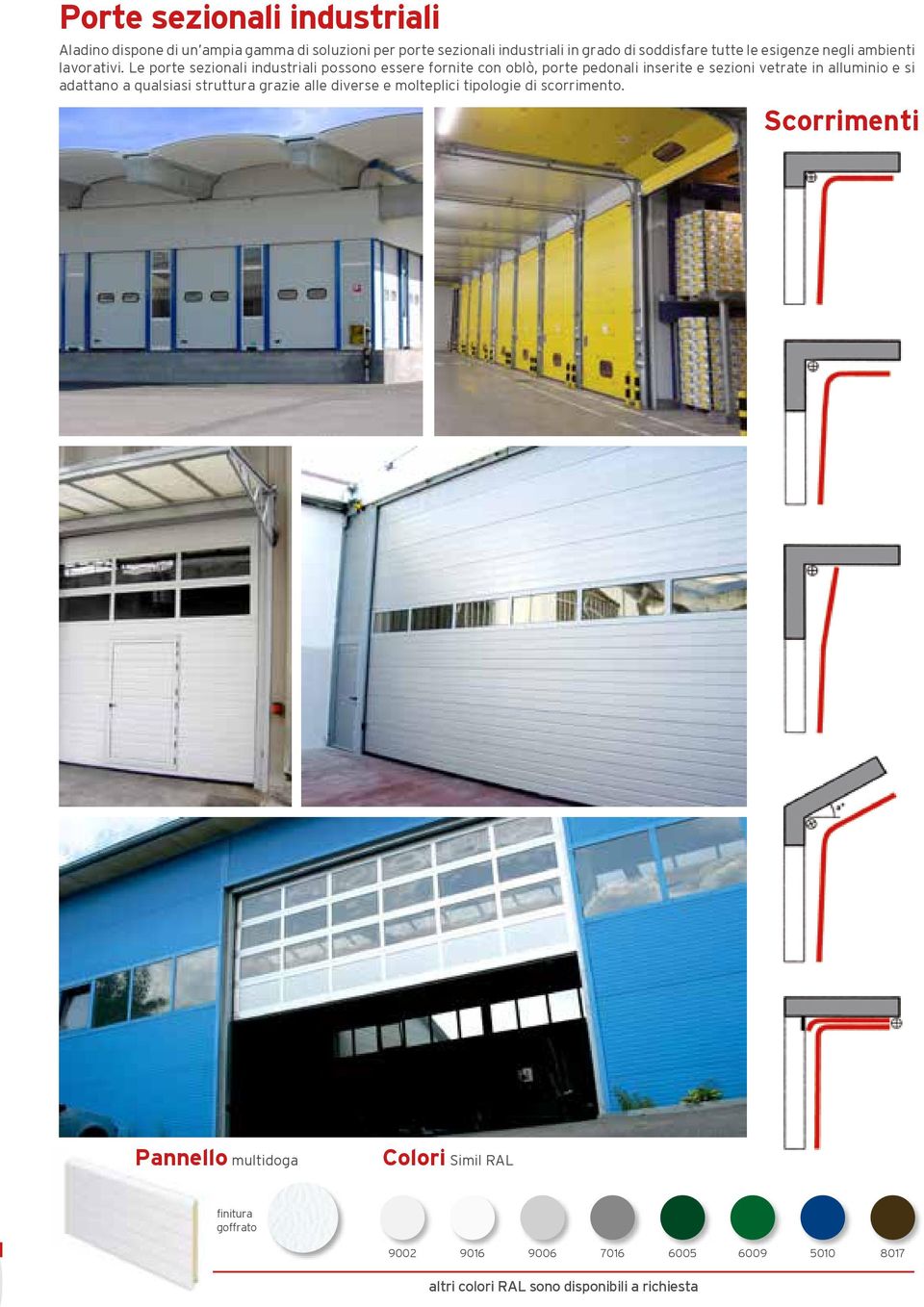 Le porte sezionali industriali possono essere fornite con oblò, porte pedonali inserite e sezioni vetrate in alluminio e si adattano