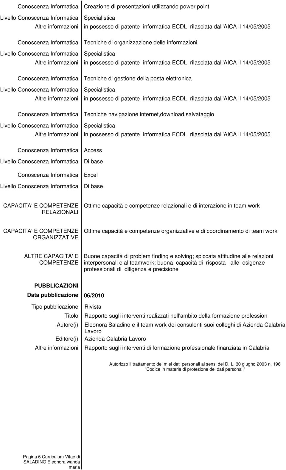 CAPACITA' E COMPETENZE Buone capacità di problem finding e solving; spiccata attitudine alle relazioni interpersonali e al teamwork; buona capacità di risposta alle esigenze professionali di