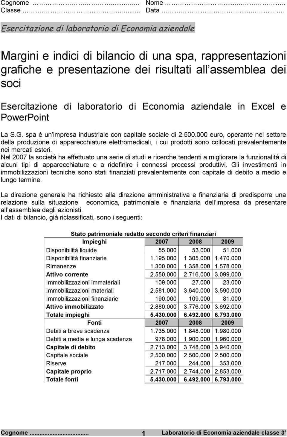 laboratorio di Economia aziendale in Excel e PowerPoint La S.G. spa è un impresa industriale con capitale sociale di 2.500.