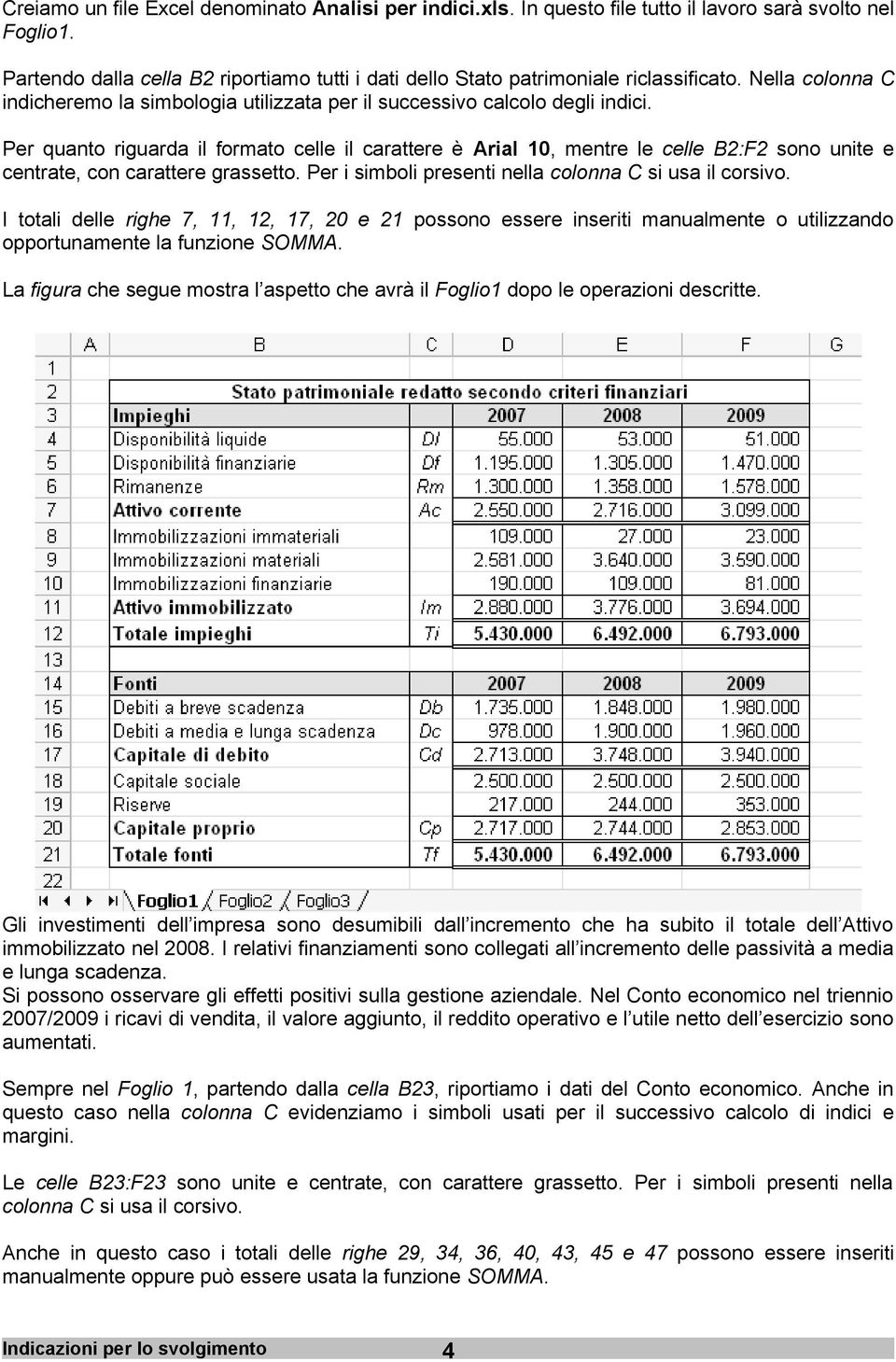 Per quanto riguarda il formato celle il carattere è Arial 10, mentre le celle B2:F2 sono unite e centrate, con carattere grassetto. Per i simboli presenti nella colonna C si usa il corsivo.