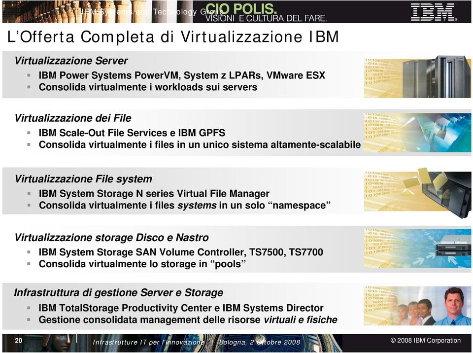 Consolida virtualmente i files systems in un solo namespace Virtualizzazione storage Disco e Nastro IBM System Storage SAN Volume Controller, TS7500, TS7700 Consolida virtualmente lo storage in